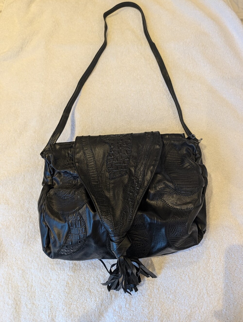 Vintage 80s 90s Black Vegan Leather Crossbody Bag Faux Croc Patchwork Fringe